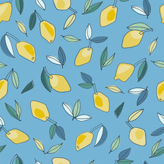 Seamless pattern with hand drawn lemons for textile design, home decor, visual communication, content, social media background, posters, illustrations. Healthy vegan food