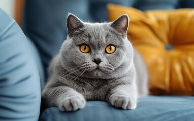 Relaxed Grey Cat on a Blue Couch