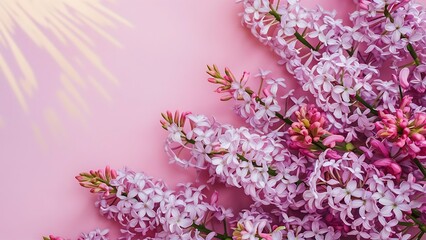 Fototapeta premium Frame with blossom lilac on pink background