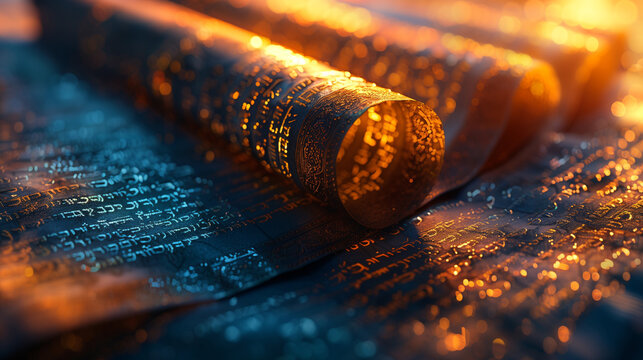 
Close-up of illuminated Torah scrolls