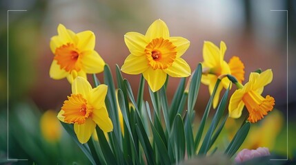 The trumpet-shaped blooms of daffodils herald the beginning of spring, their bright yellow petals a welcome sight after winter.