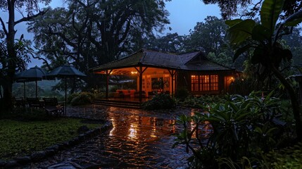 Fototapeta premium The tranquility of a rainy evening, the sound of droplets on the roof and the smell of wet earth, provides the perfect setting for quiet contemplation.
