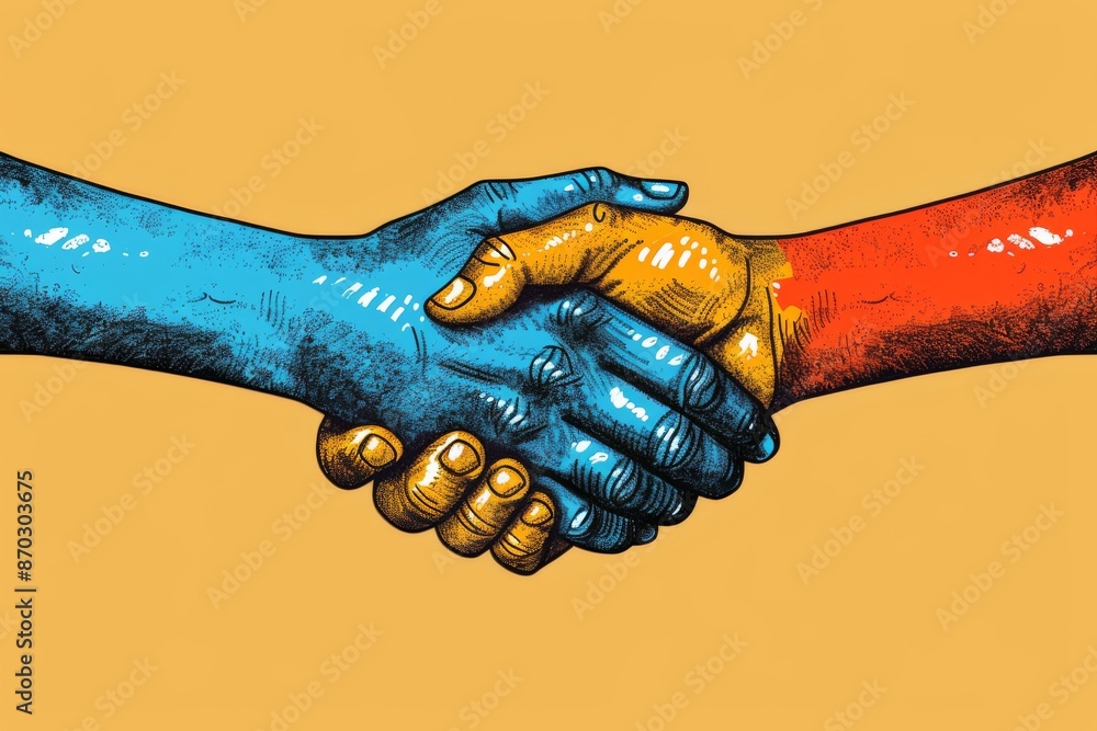 Poster multiracial handshake over a vibrant background symbolizing unity and cooperation in global partners