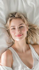 Naklejka premium Beautiful smiling young blonde female model with long hair, natural skin care and perfect smooth skin relaxing lying on soft white bed while looking up