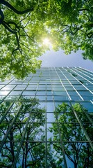Modern glass building with trees and sunlight reflections on the facade, sustainable architecture concept, green energy, eco-friendly