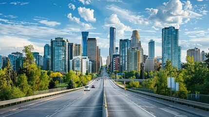 Fototapeta premium Downtown cityscape with road and tall buildings in the background