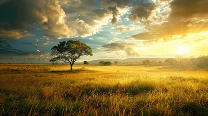 Obraz premium Golden autumn sunlight over the lush green savanna field