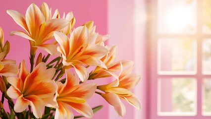 Fototapeta premium Alstroemeria flowers on pink background in sunlight