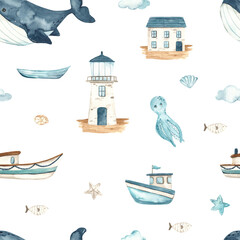 Watercolor seamless nautical pattern with ships, yachts, steamships, lighthouses, whale, underwater creatures for children's prints and textures © MarinaErmakova