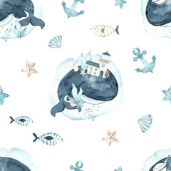 Watercolor seamless pattern nautical with cute underwater creatures, whale, shells, starfish, fishes, fantastic fairy tale whale for children's prints and textures © MarinaErmakova