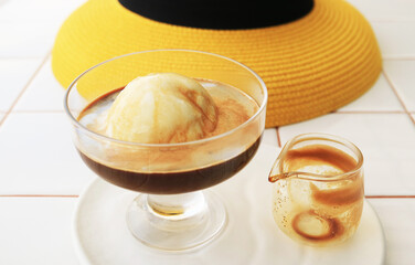 Closeup of Mouthwatering Bitter Sweet Affogato Being Served on a Summer Day