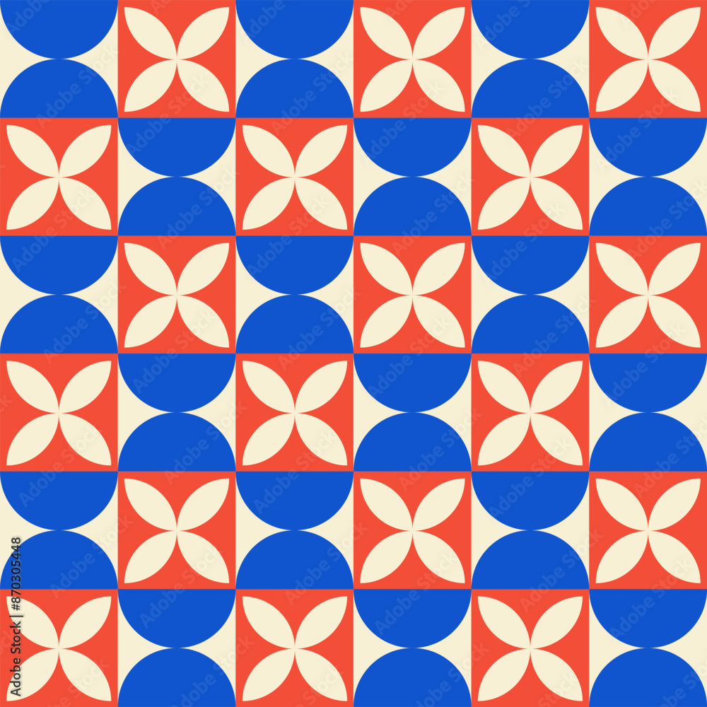 Poster trendy retro geometric seamless pattern with colorful semicircles, flowers and squares. modern abstr