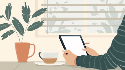 A freelancer working from home with a tablet and a cup of tea