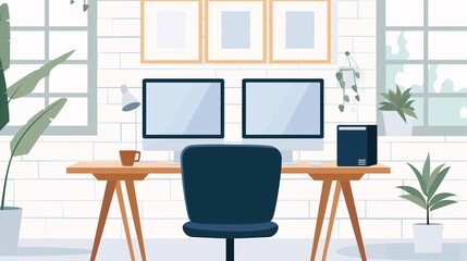 A tidy home office with a dual monitor setup and coffee cup