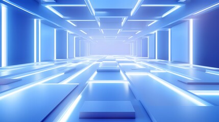 Obraz premium 3d rendering of white and blue abstract geometric background. Scene for advertising, technology, showcase, banner, game, sport, cosmetic, business, metaverse. Sci-Fi Illustration. Product display