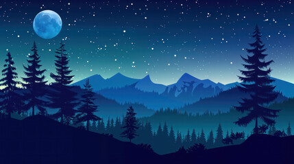Naklejka premium a nighttime mountain landscape with silhouette pines and a full moon