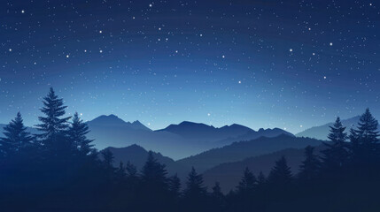 Naklejka premium nighttime mountain range and pine trees silhouetted against a starry sky
