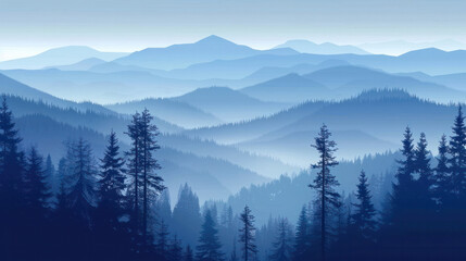  a misty mountain landscape at dawn. The scene features layers of distant, blue-hued mountains and silhouettes of pine trees in the foreground