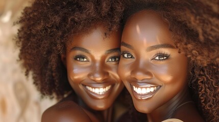 Close-up portrait of two African American women embracing each other with smiles on their faces