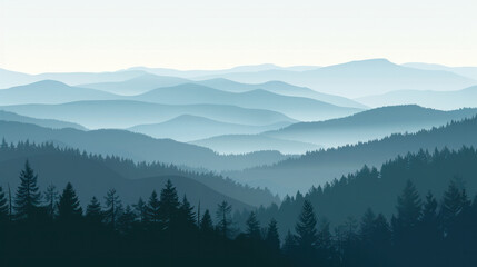 Naklejka premium a misty mountain range with silhouettes of trees in the foreground, rendered in blue hues. The scene conveys a sense of tranquility and the quiet beauty of a misty morning