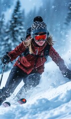Skier in mountains, prepared piste and sunny day