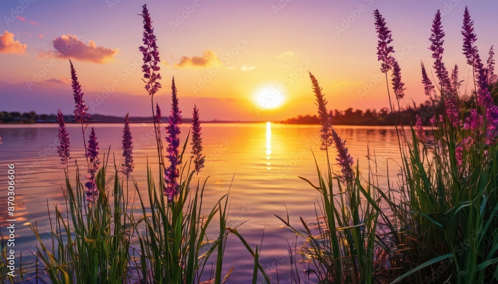 Canvas Prints Sunset over lake with purple flowers.