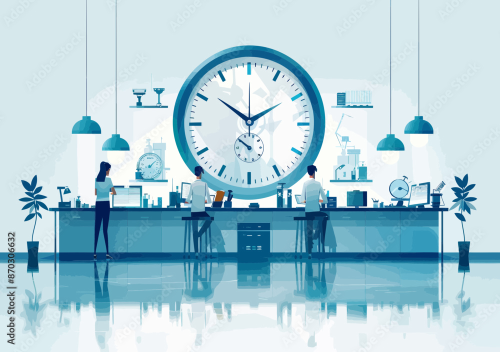 Poster team discussing deadlines and time management in office setting with big clock, minimalistic vector 