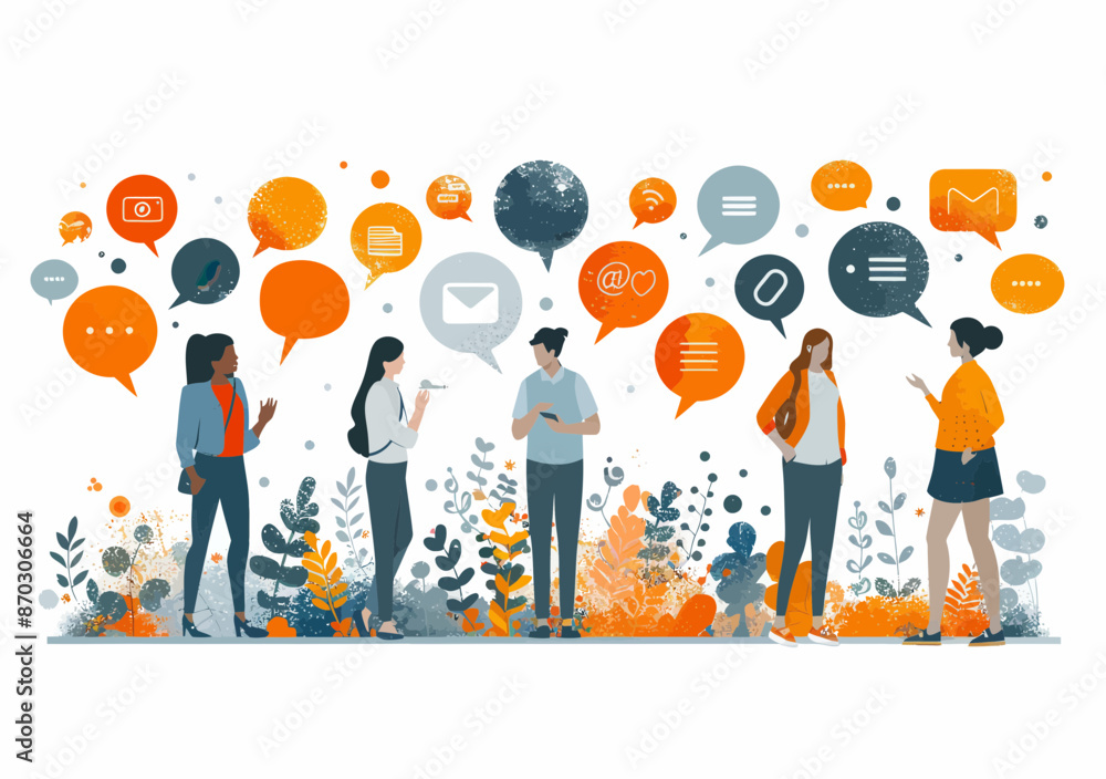 Poster people discussing and arguing with virtual messages around a table in minimalistic vector illustrati