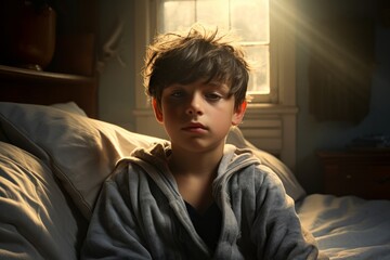 Fototapeta premium Young boy sitting on bed in dimly lit room with sunlight