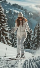 Skier in mountains, prepared piste and sunny day