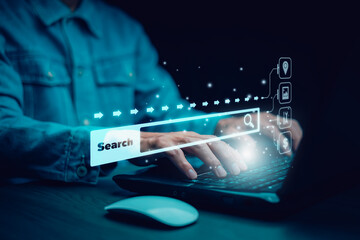 Searching Browsing Internet Data Information with blank search bar. man's hands are using a...
