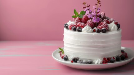 cake on a plate with white cream with frosted berries on a pink background with copy space