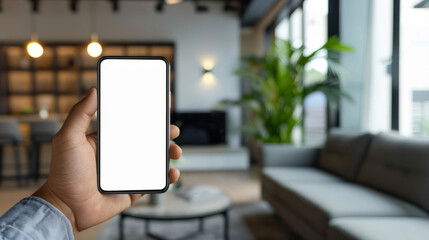 A person is standing in a living room holding up a white smartphone with a blank screen