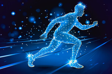 Fototapeta premium Digital humanoid sprinting in a futuristic, glowing blue lines, dark background