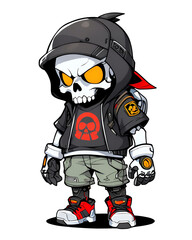 A cartoon character with a skull on his hoodie and a backpack