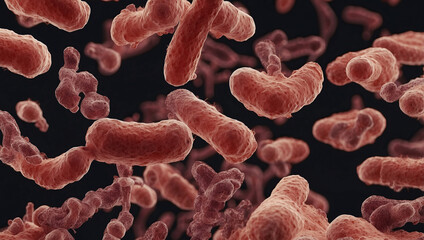 体内で動き回るいろいろな種類の細菌群の顕微鏡イメージ