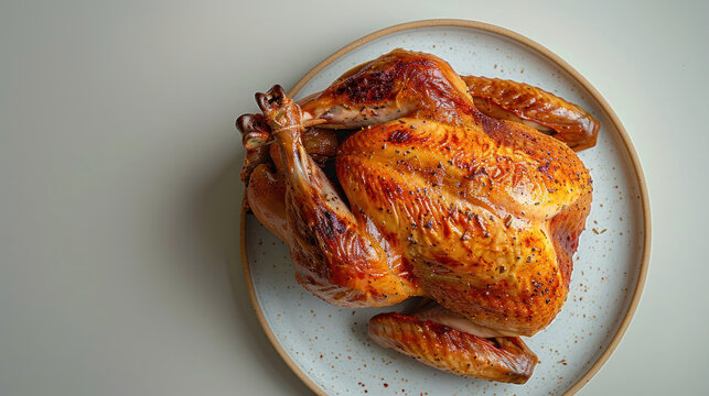 A close-up overhead shot of a roasted turkey on a white plate with a white background. The turkey is fully cooked and has a golden brown crust