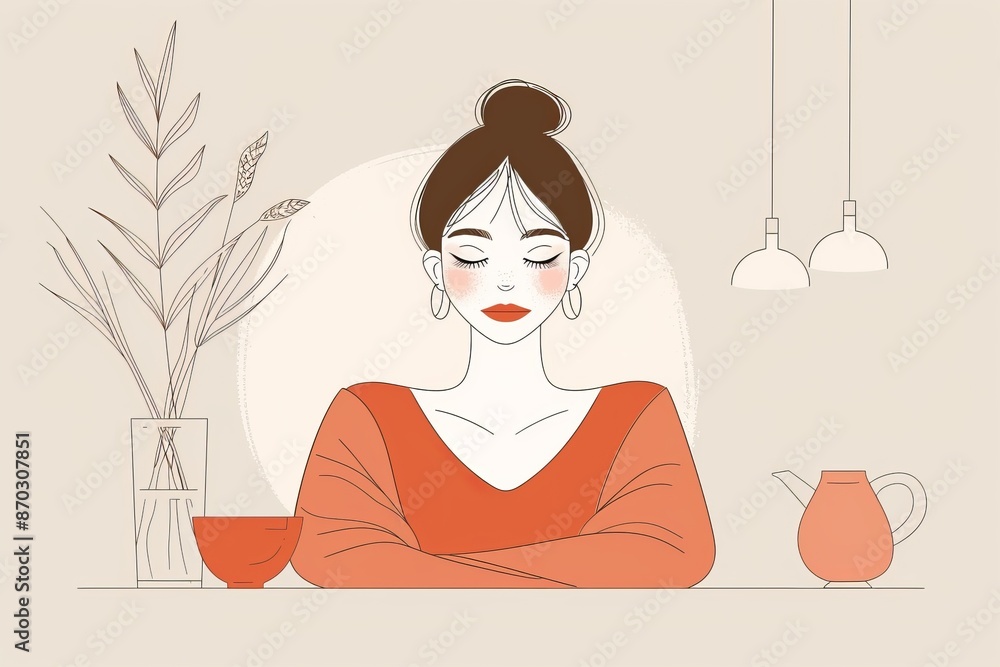 Poster minimalist portrait of a woman enjoying a quiet moment symbolizing introspection and calm in a moder