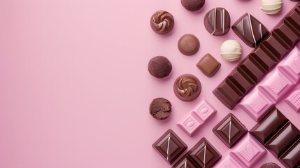 Assorted chocolates and candies on a pink background, arranged in an aesthetic pattern perfect for sweet indulgence or dessert concepts.
