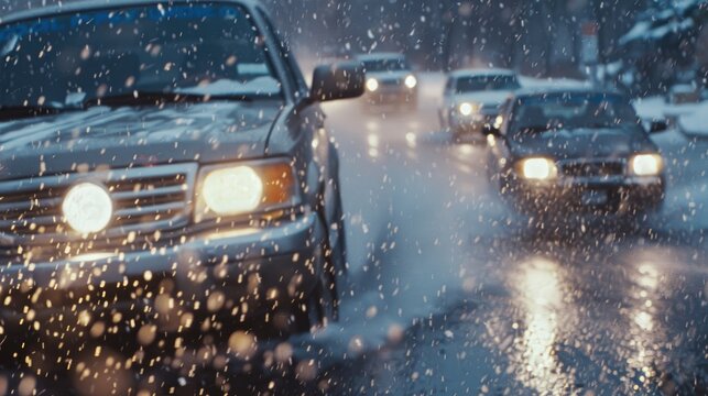 Safe Driving in Adverse Weather Conditions: car in Heavy Rain with Headlights Shining and Water Splashes