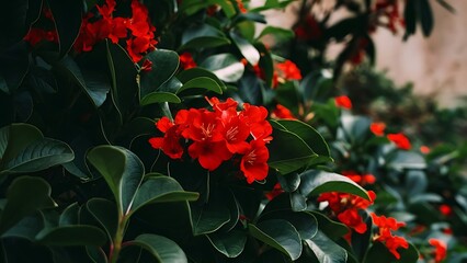 Red flowers over green leaves background