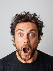 Facial expression of shocked middle aged man funny reacting emotionally with mouth wide open and eyes bulging isolated on white background