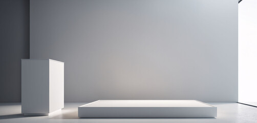 White rectangular product display stand in bright white room with sunlight.