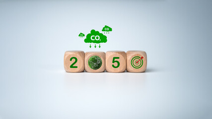 Net zero by 2050, Wooden block with Carbon credit symbol in 2050 on white background, Carbon neutral, Net zero green house gas emissions target, Climate neutral long term strategy, No toxic gases.
