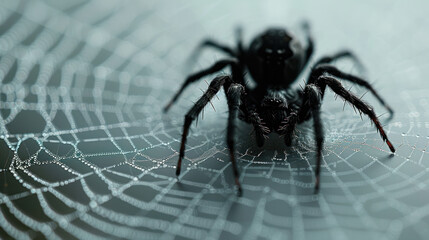 Close-up shot of a black spider perched on a web covered in dew droplets