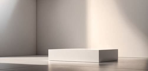 White rectangular product display stand in bright white room with sunlight.