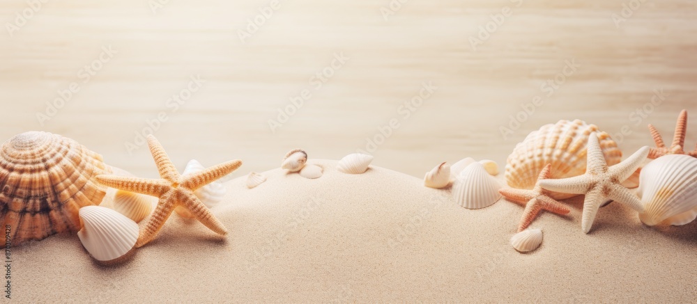 Poster copy space image featuring seashells and starfish on a sandy background.
