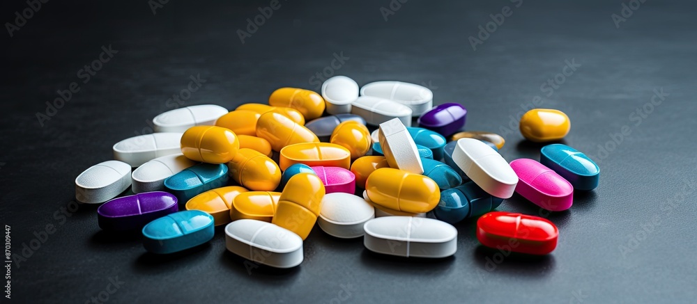 Poster colorful pills arranged in a closeup on a gray surface, with ample copy space image.