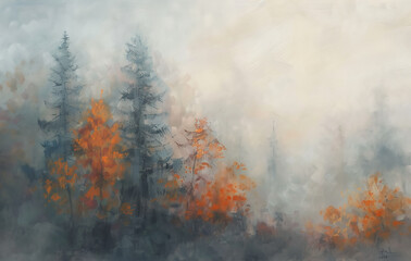 autumn landscape in watercolor, trees with red and yellow leaves in the fog, blurred background, autumn wallpaper for your desktop