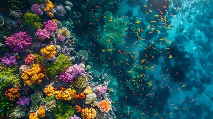 Obraz premium A breathtaking aerial shot of a healthy coral reef teeming with colorful fish, emphasizing the importance of ozone protection for marine ecosystems. copy space for text, sharp focus and clear light ,